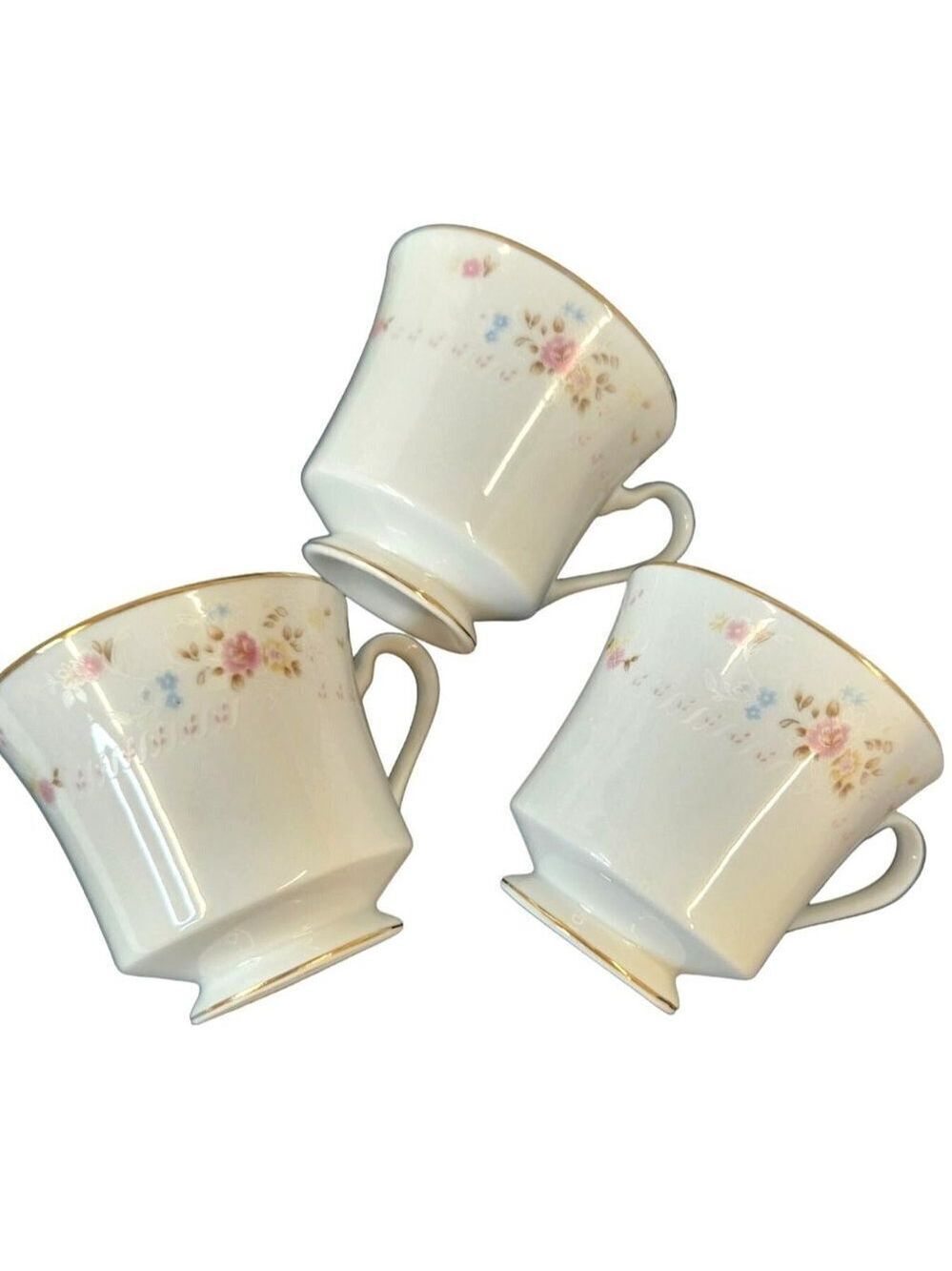 Silverie Fine China Footed Teacup Gold Trim Pink Floral Pattern Set of 3
